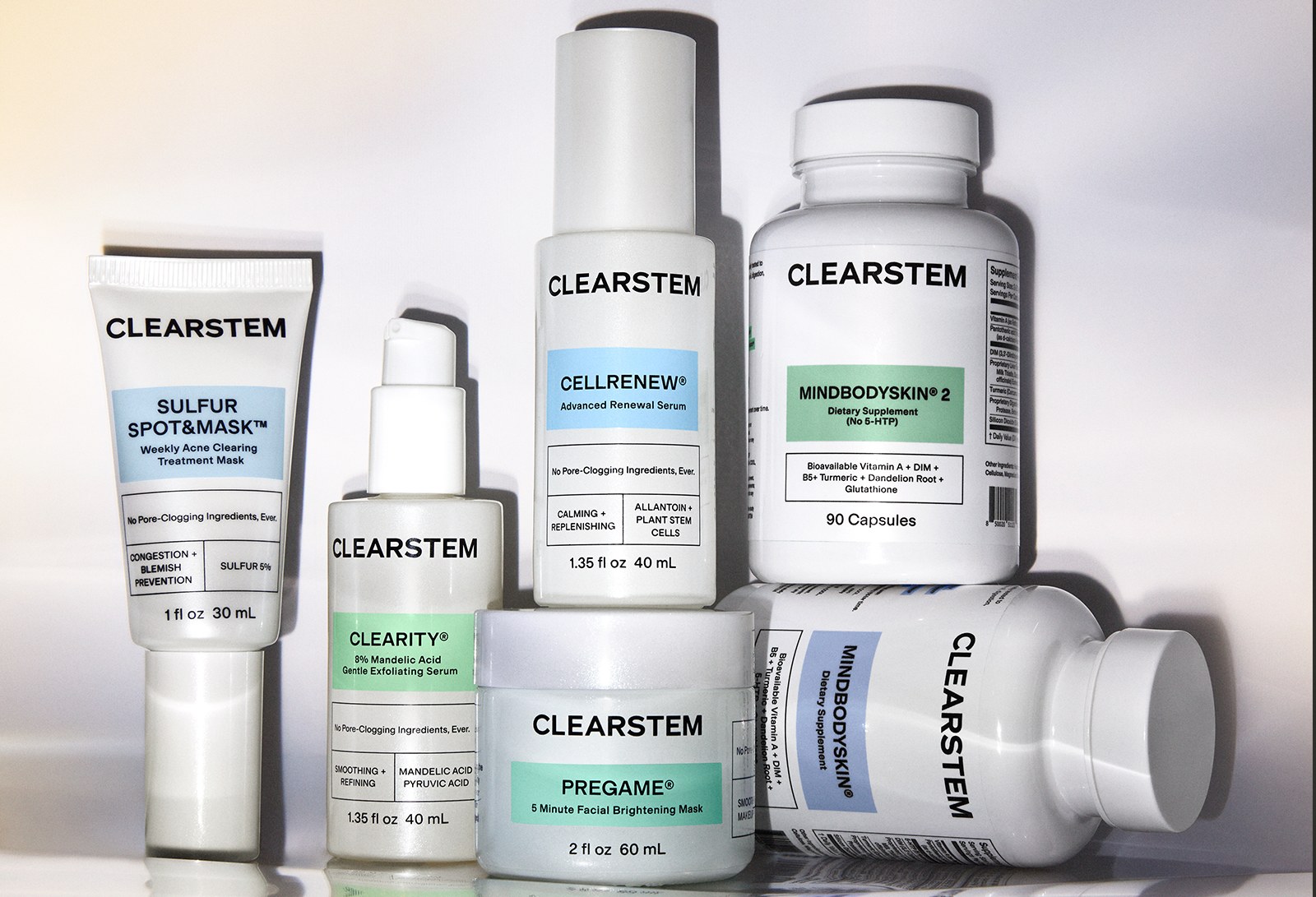 CLEARSTEM assortment arranged against a plain background, showing SULFUR SPOT&MASK, CLEARITY, CELLRENEW, PREGAME and MINDBODYSKIN 2.