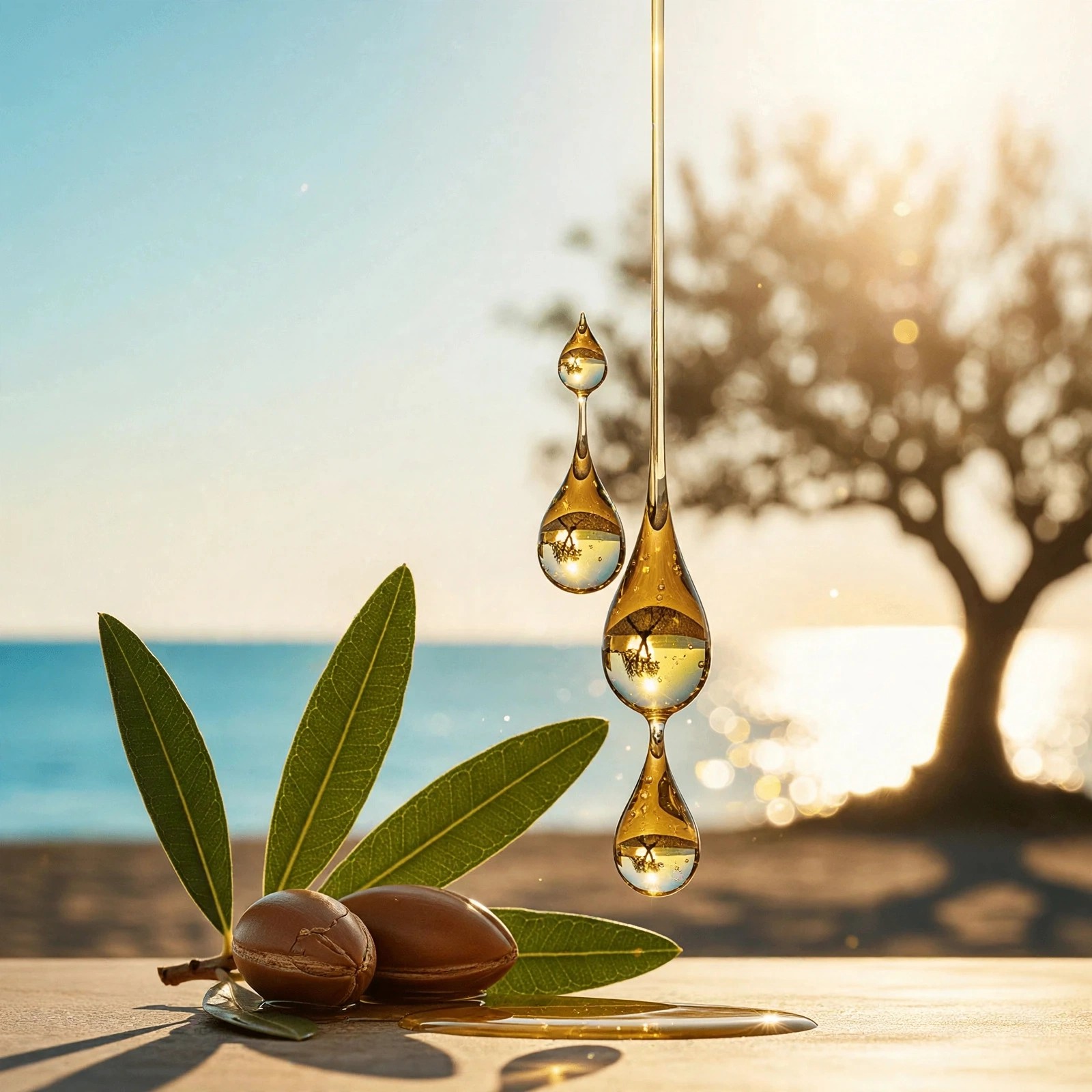 Argan nuts with leaves beside hanging oil drops outdoors.