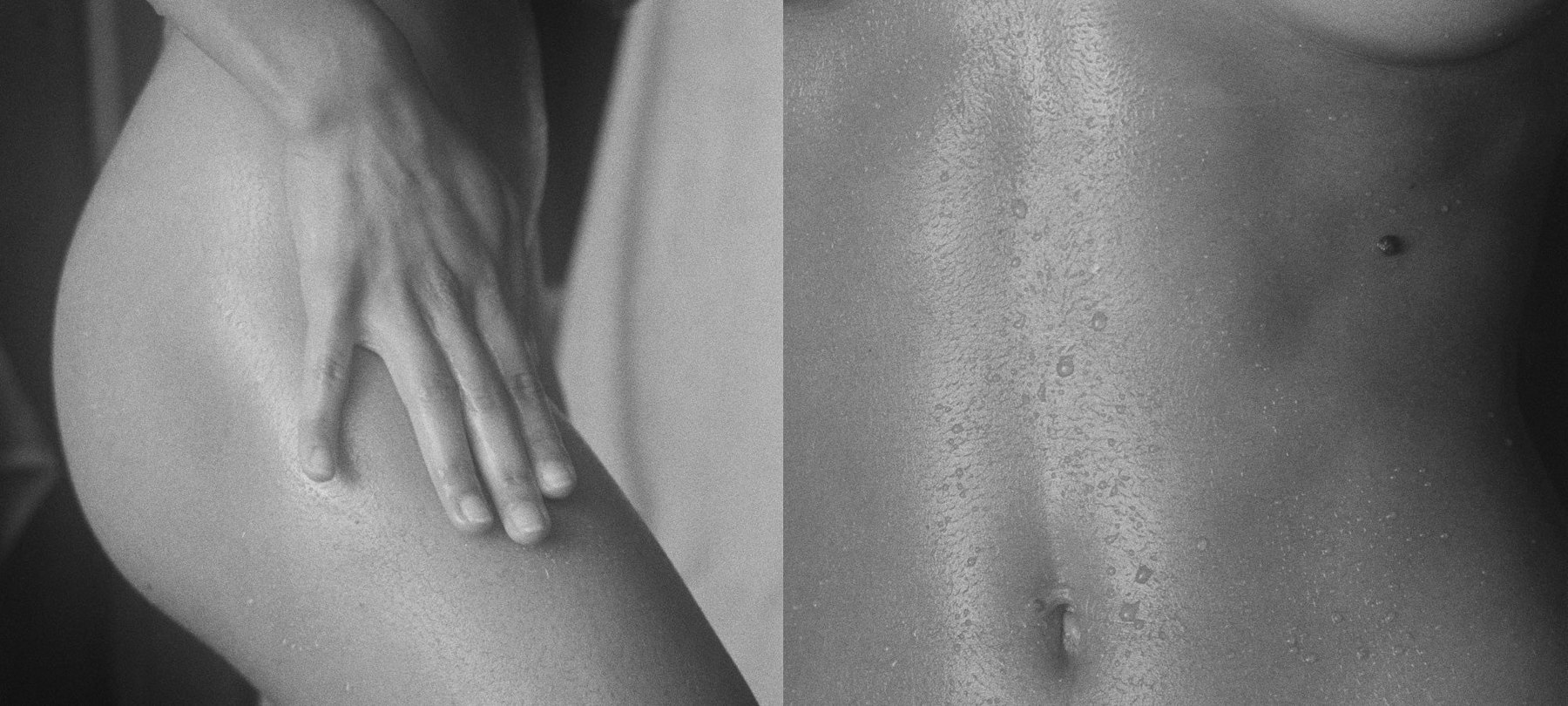 A hand smooths moisture over skin in paired close up images.