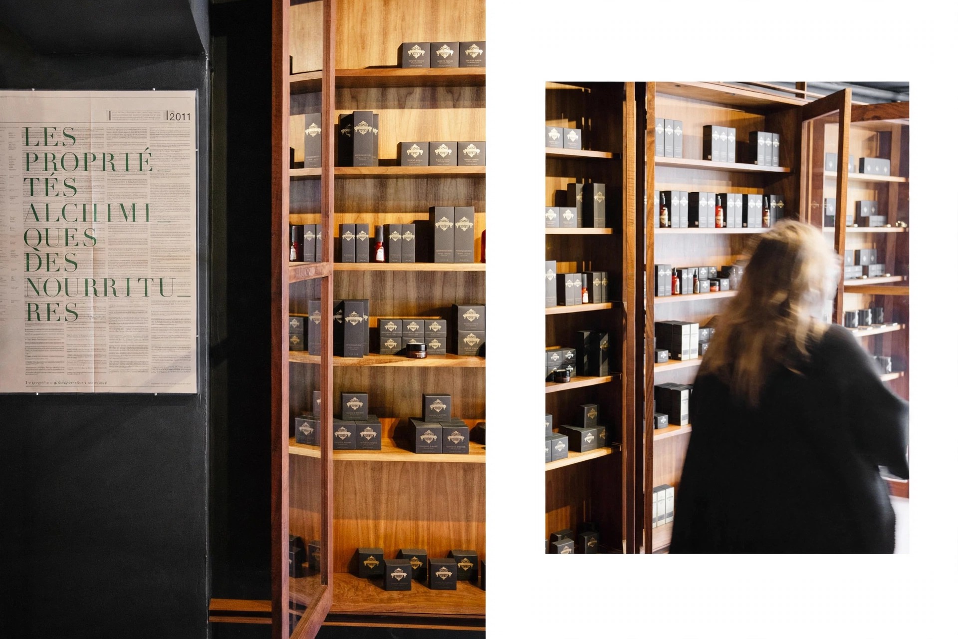 Rear view of a shopper facing wood shelves of products.