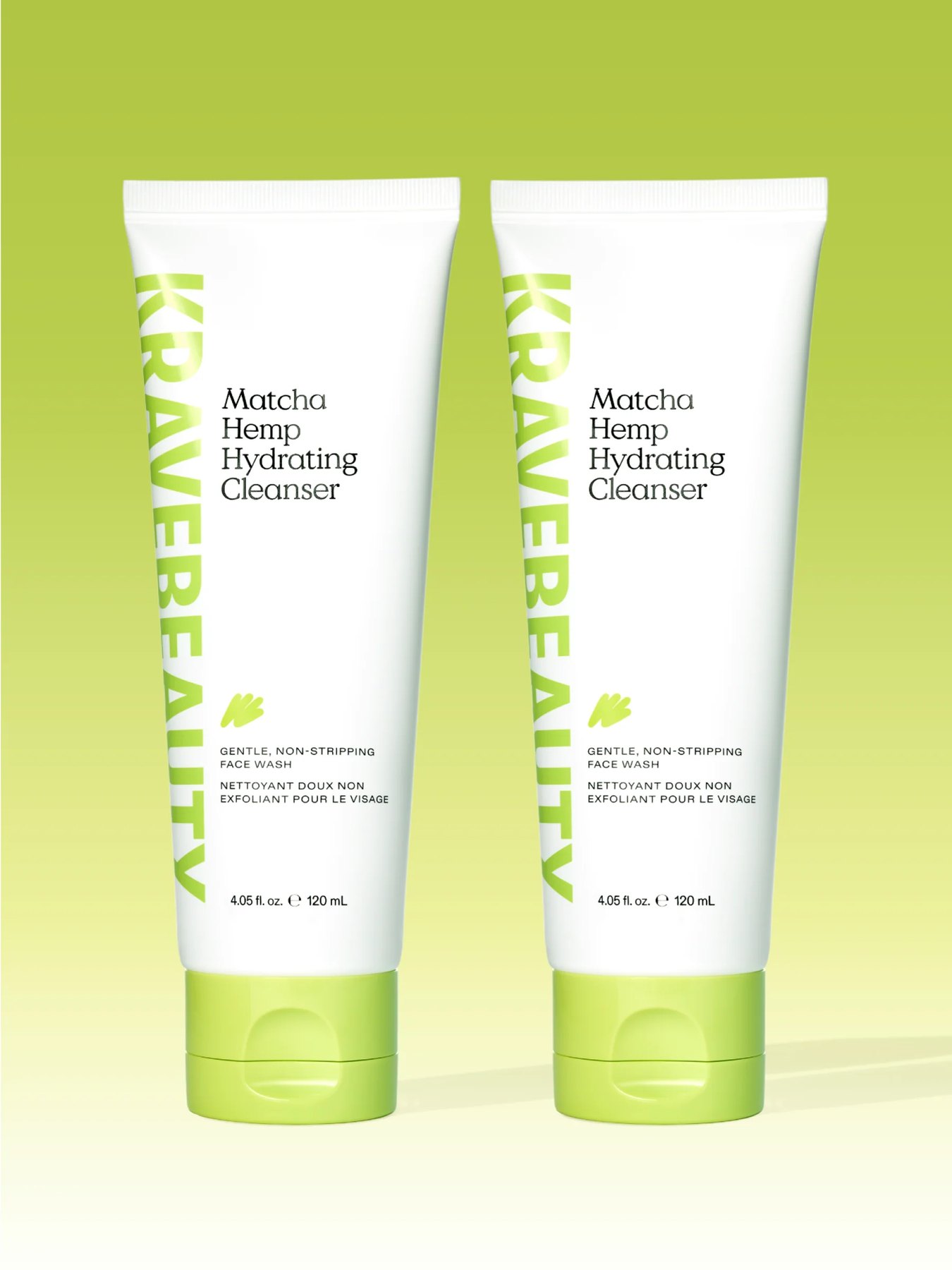 Two tubes of Matcha Hemp Hydrating Cleanser against a green backdrop.