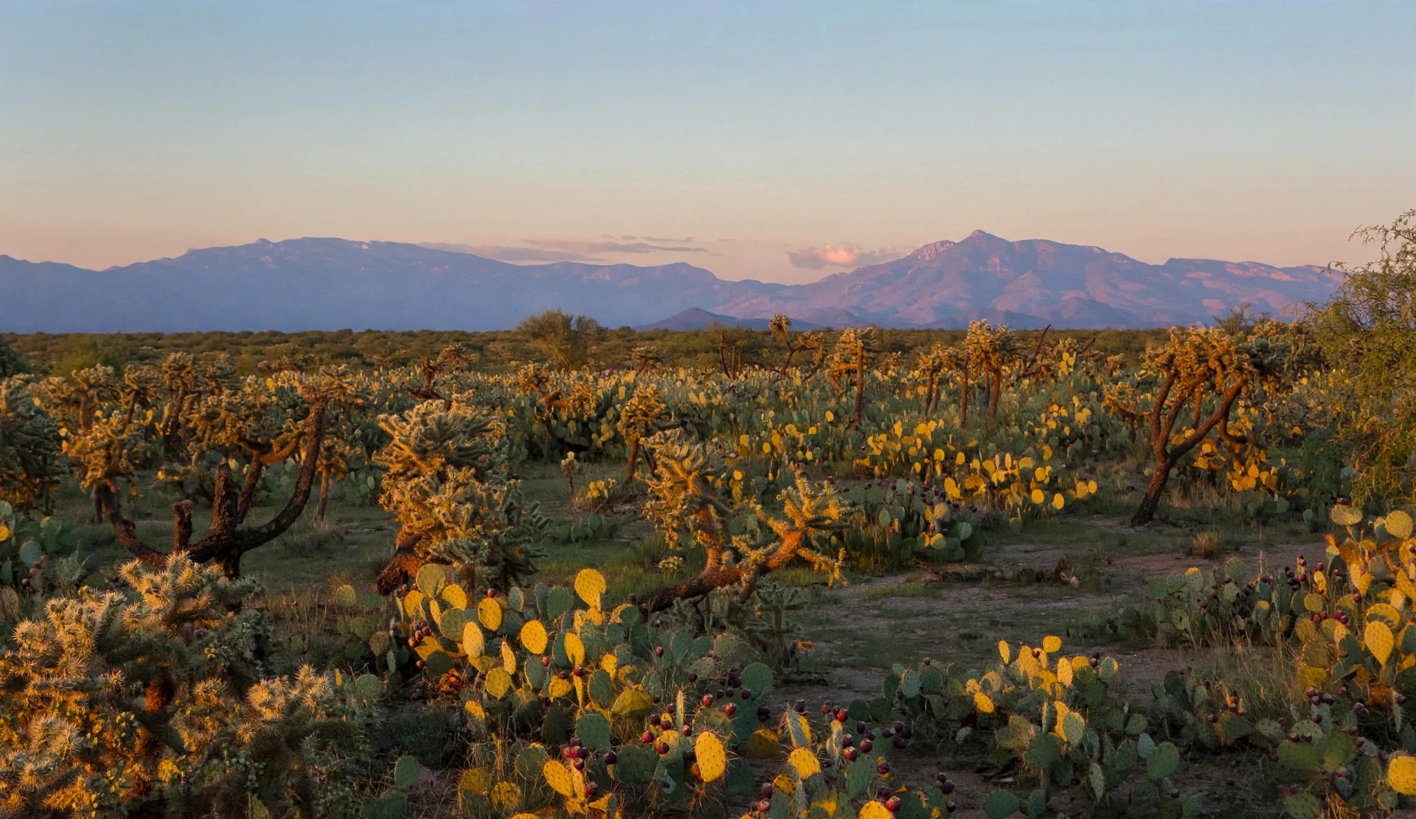 Cactus filled desert plain beneath distant mountains at dusk.