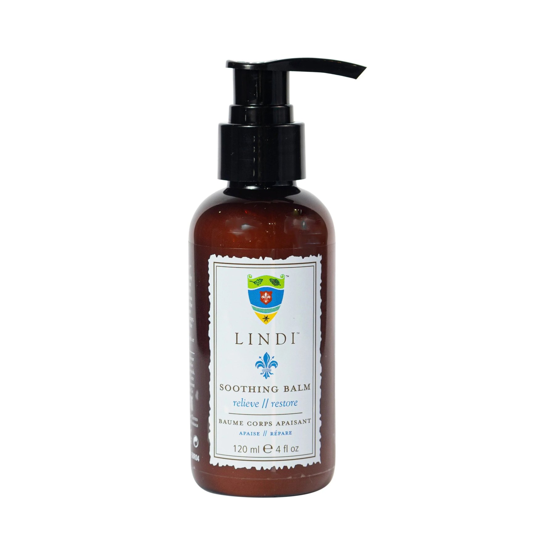 Brown Lindi Soothing Balm pump bottle against white background.
