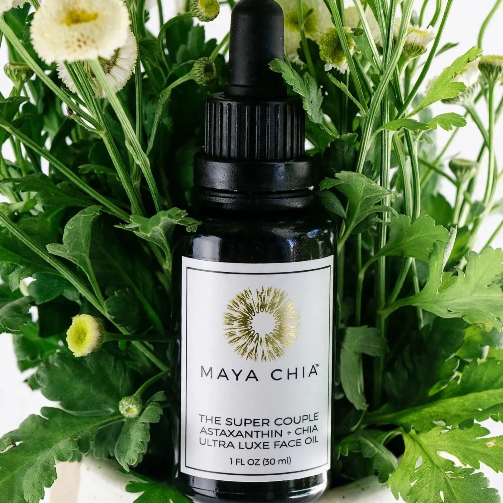 Maya Chia face oil bottle framed by fresh green foliage.